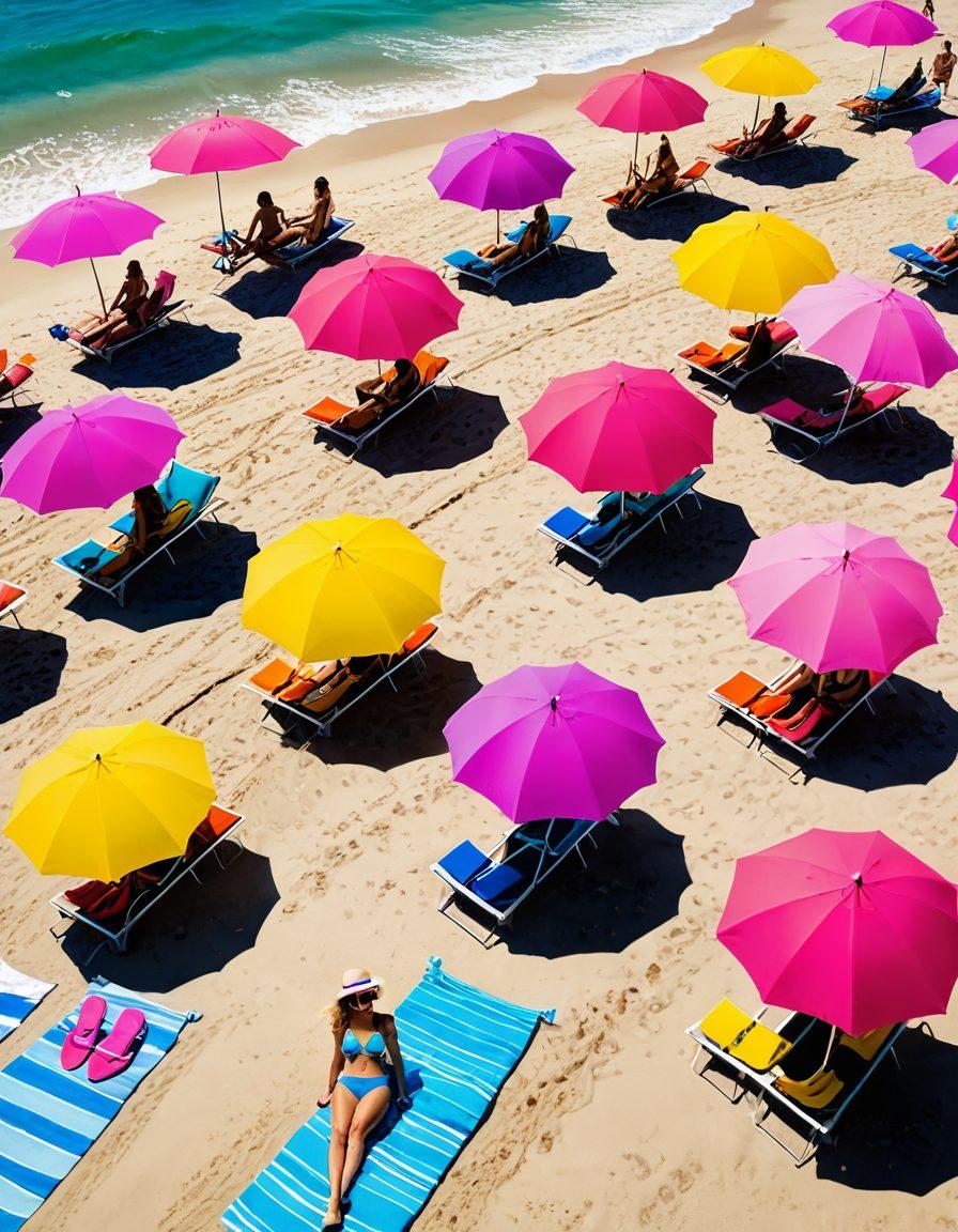 A vibrant summer beach scene featuring an array of chic bikinis hanging on colorful beach umbrellas. Include stylish accessories like sunglasses and sunhats scattered around, with people enjoying the sun and surf in the background. Ensure the atmosphere is lively and inviting, emphasizing the latest swimwear trends with a focus on bright, fashionable colors. bright colors. tropical theme. illustration.